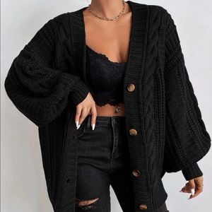 Black Cable Knit Button Up Cardigan